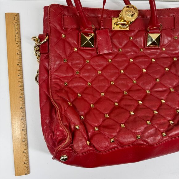 Michael Kors Hamilton Large Studded North South Tote Red Leather Gold Hardware - Picture 13 of 13